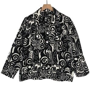 iOS Silk ‎ & Linen Abstract Jacket Women's Sz M Black Ivory Artsy Textured EUC